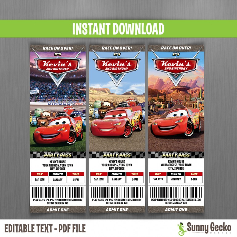 Cars Birthday Ticket Invitations - Lightning McQueen